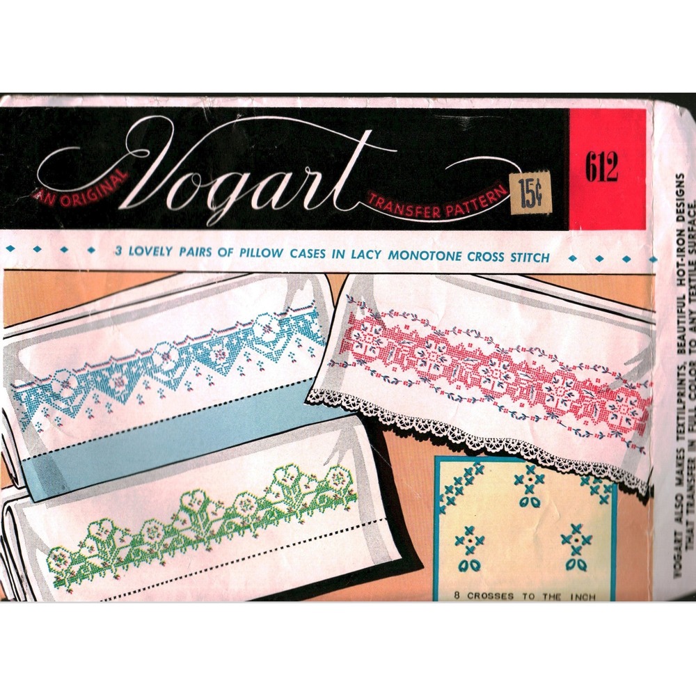 Vtg Vogart 612 Embroidery Transfer Pattern Pillow Cases Cross Stitch Hot Iron
